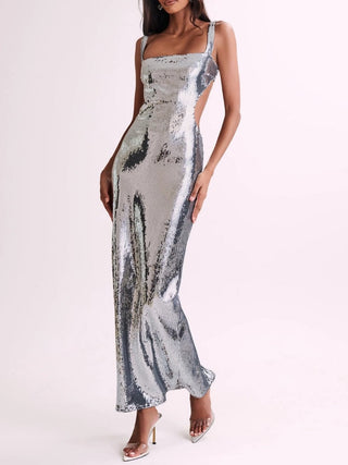 Adoria Sequin Cut Out Maxi Dress in Silver