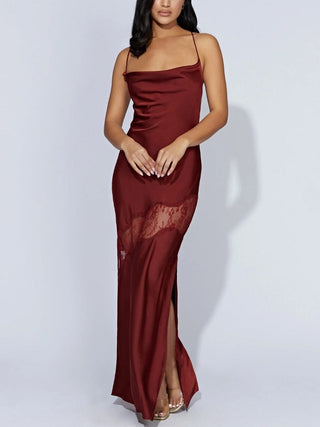 Chandra Lace Detail Satin Maxi Dress in Cherry Chocolate