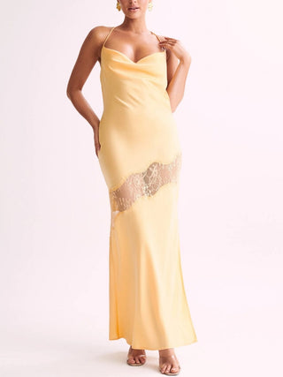 Chandra Lace Detail Satin Maxi Dress in Lemon