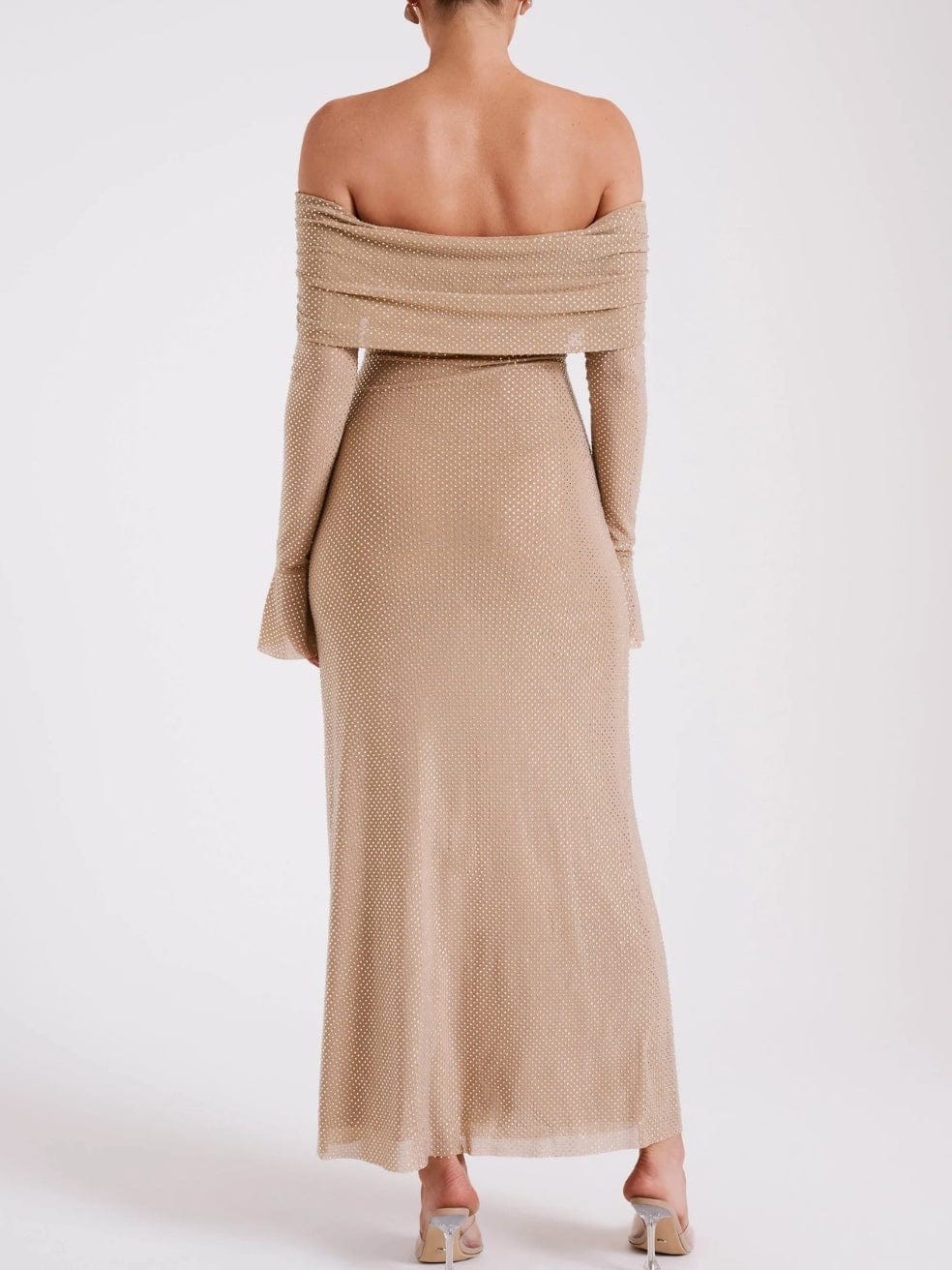 Marcel Off Shoulder Diamante Maxi Dress in Nude