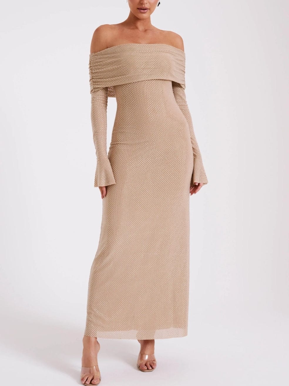 Marcel Off Shoulder Diamante Maxi Dress in Nude