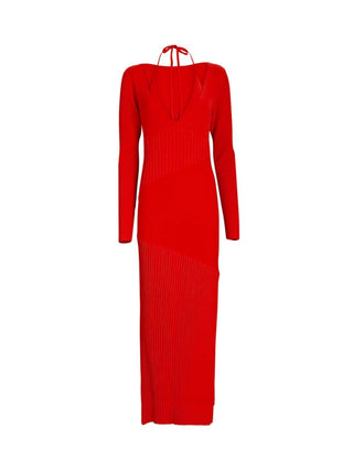 Althea Rib Knit Halter Maxi Dress in Red