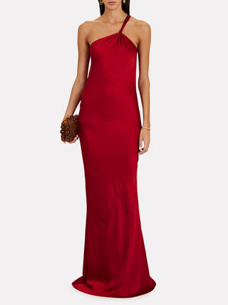 One Shoulder Bias Gown in Red