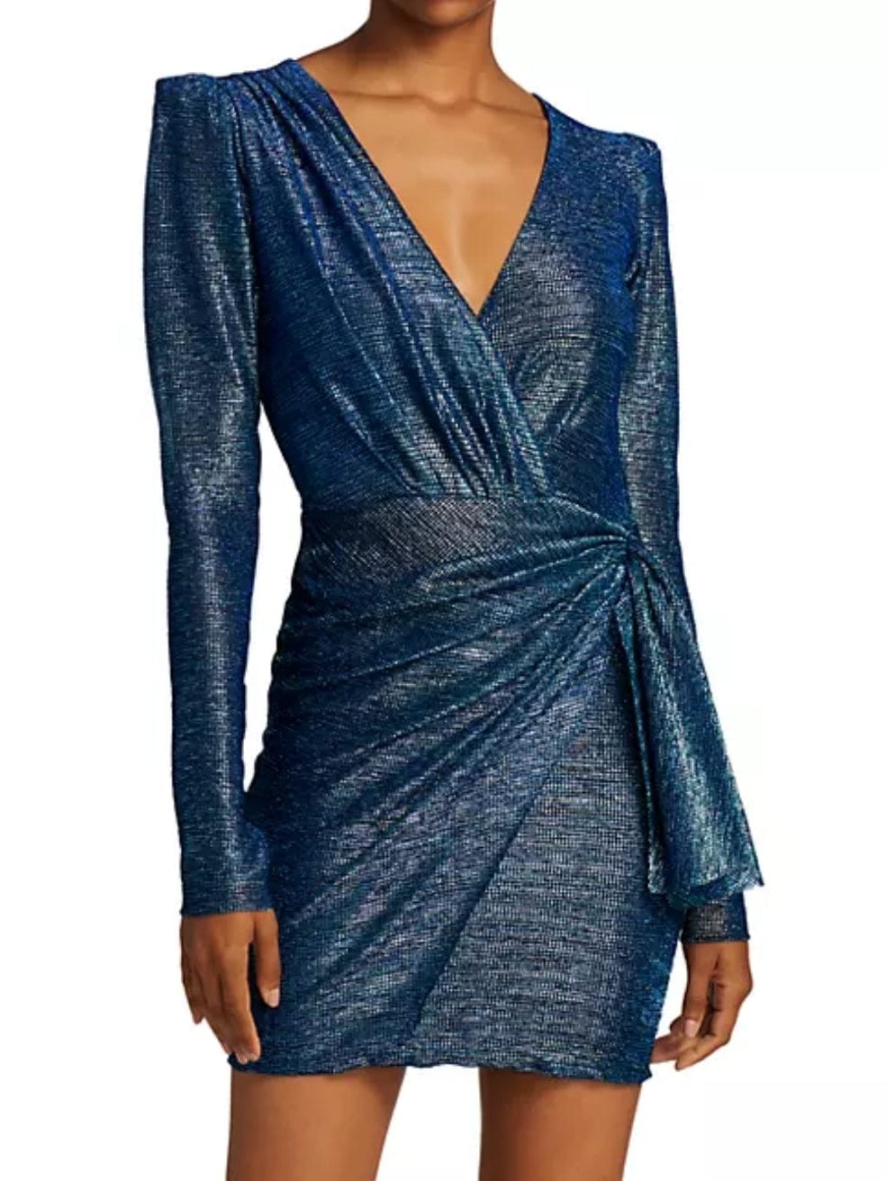 Metallic Faux Wrap Dress in Blue Metallic