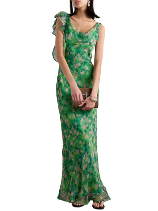 Asher B Ruffled Draped Printed Silk-crepon Gown