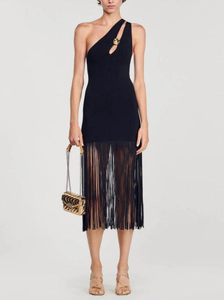 Sandro Asymmetric Fringed Dress in Black