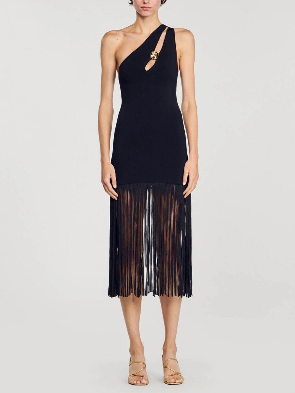 Sandro Asymmetric Fringed Dress in Black