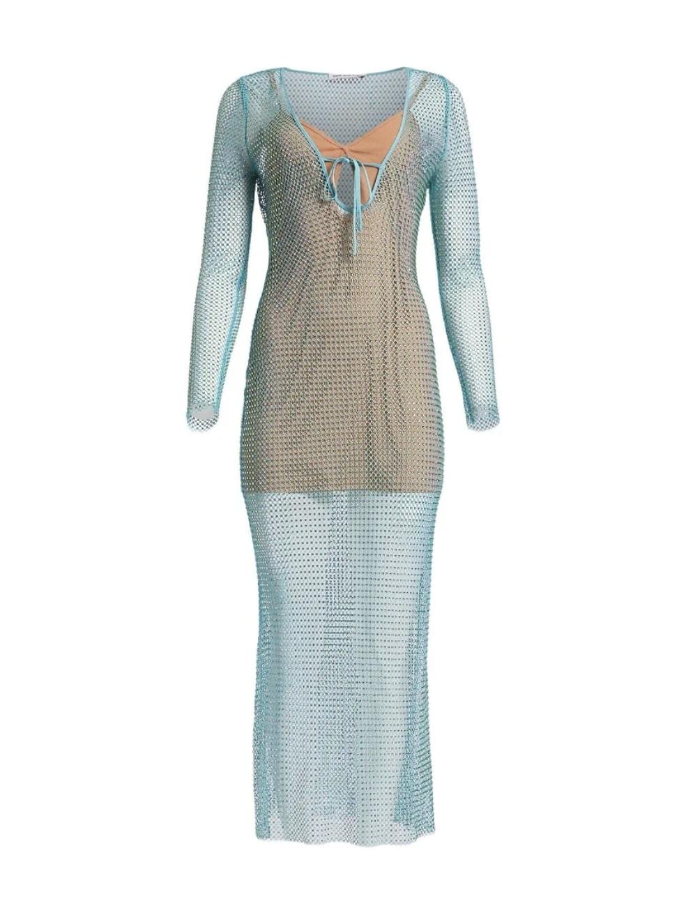 Mint Rhinestone Fishnet Keyhole Mesh Midi Dress