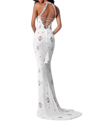 Fitted Beaded Gown with Criss-Cross Straps on Back.