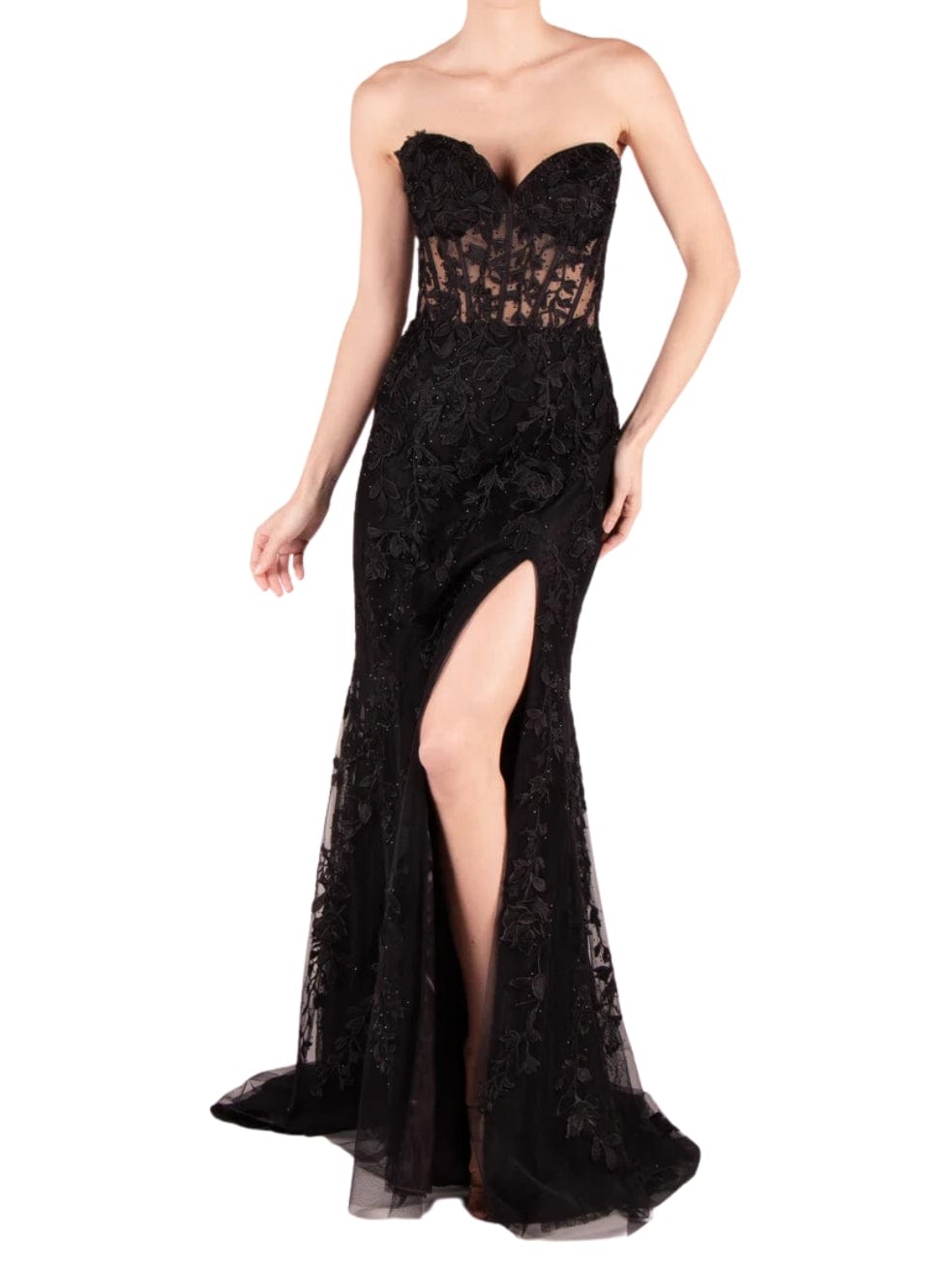 Sherri Hill Full-length Strapless Sweetheart Neckline Black Lace Dress with Corset Bodice and Thigh-High Slit