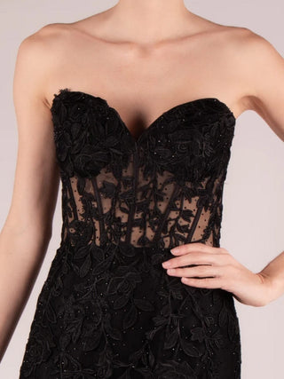 Sherri Hill Full-length Strapless Sweetheart Neckline Black Lace Dress with Corset Bodice and Thigh-High Slit