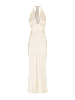 La Lune Plunged Halter Midi Dress in Cream