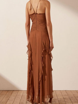 Ruched Frill Maxi Dress in almond