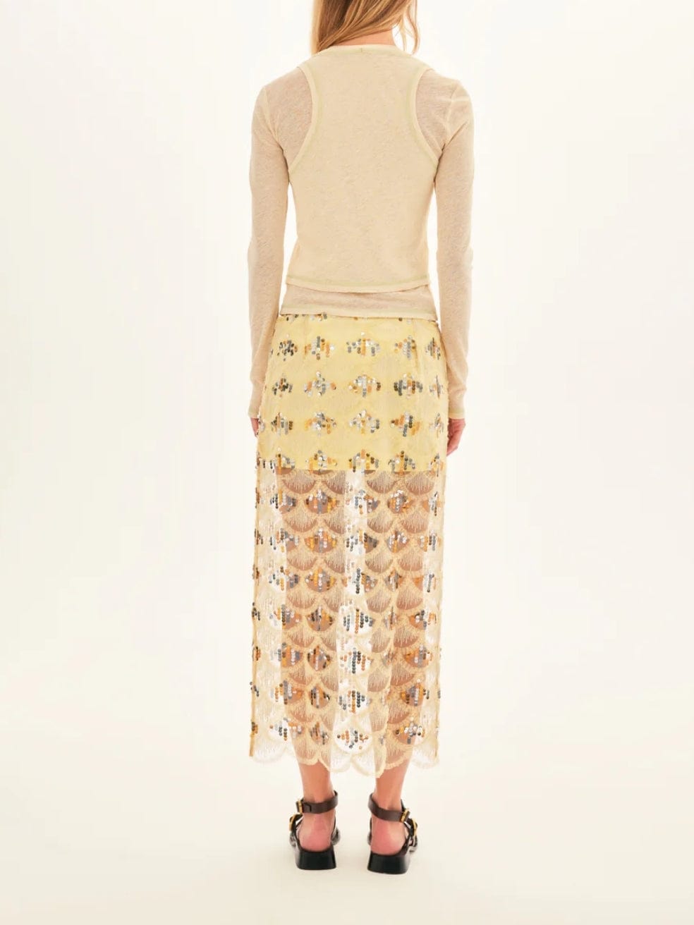 Helen Sequined Pencil Midi Skirt in Yellow