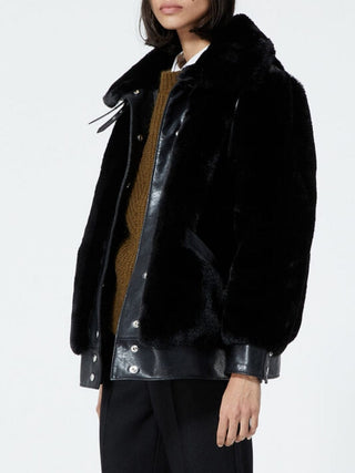 Black Faux Fur Coat With Leather Detail