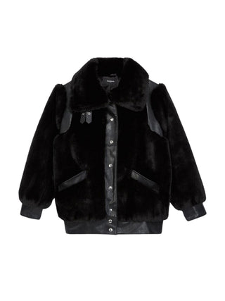 Black Faux Fur Coat With Leather Detail