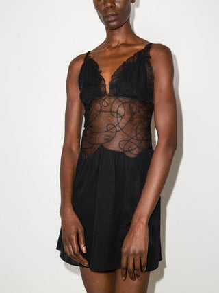 Embroidered Mini Slip Dress in Black