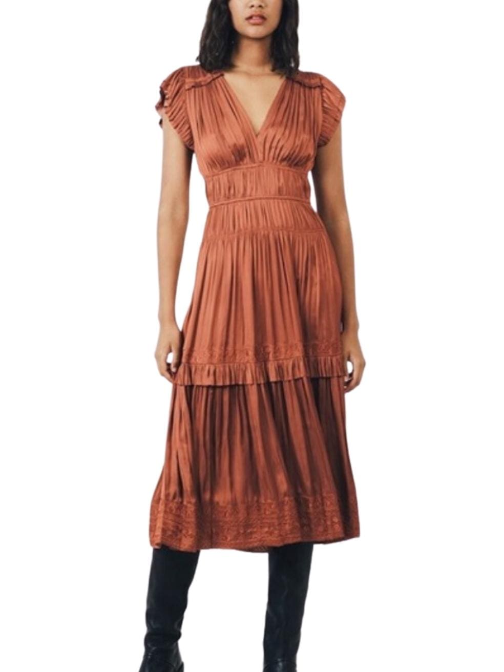 Rust V-Neck Satin Dress