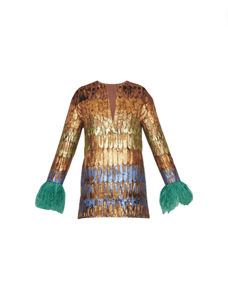 Broccato Golden Wings Tunic Dress with Feather Trim