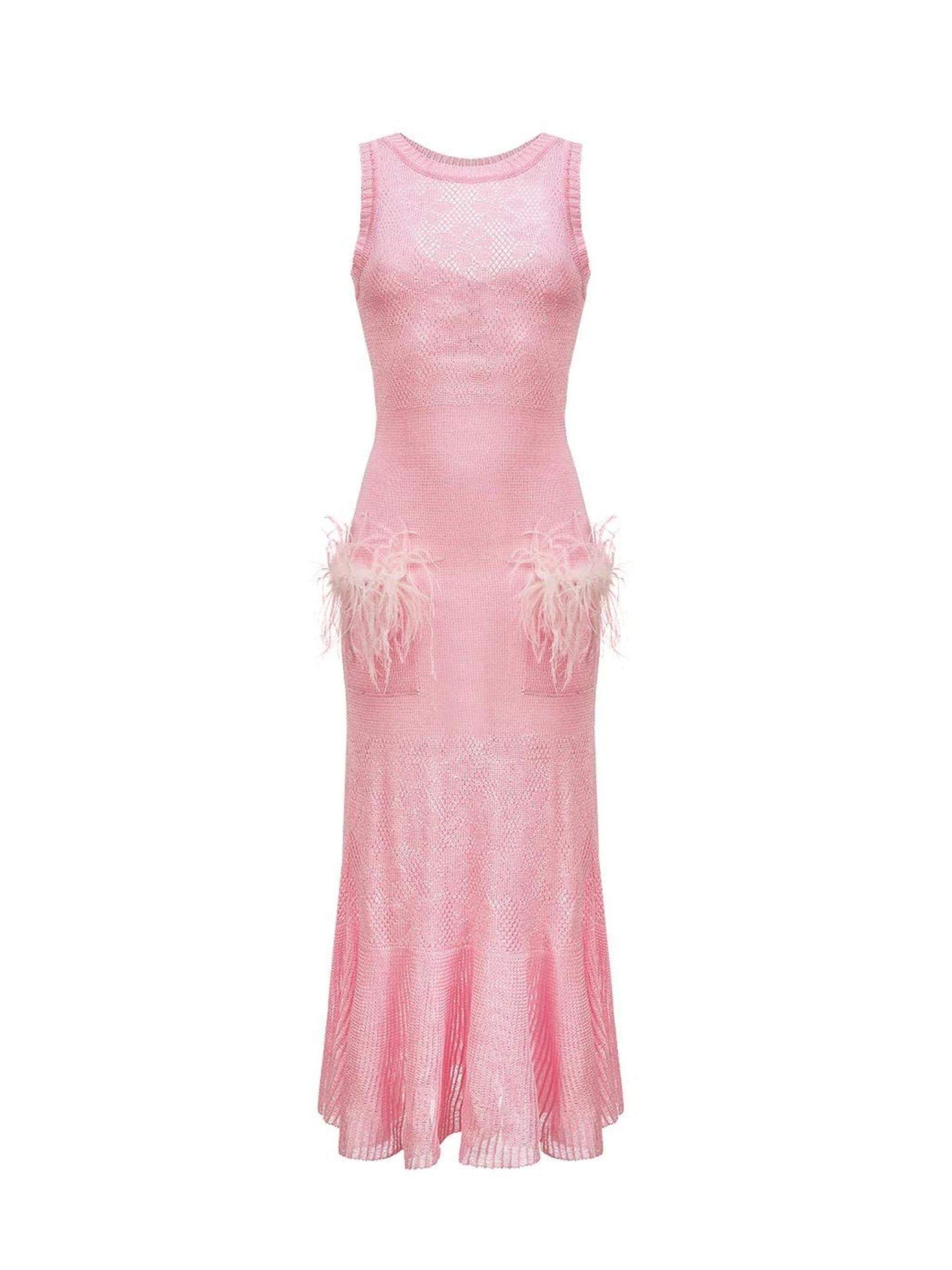 Pink Knit Dress with Feather Details