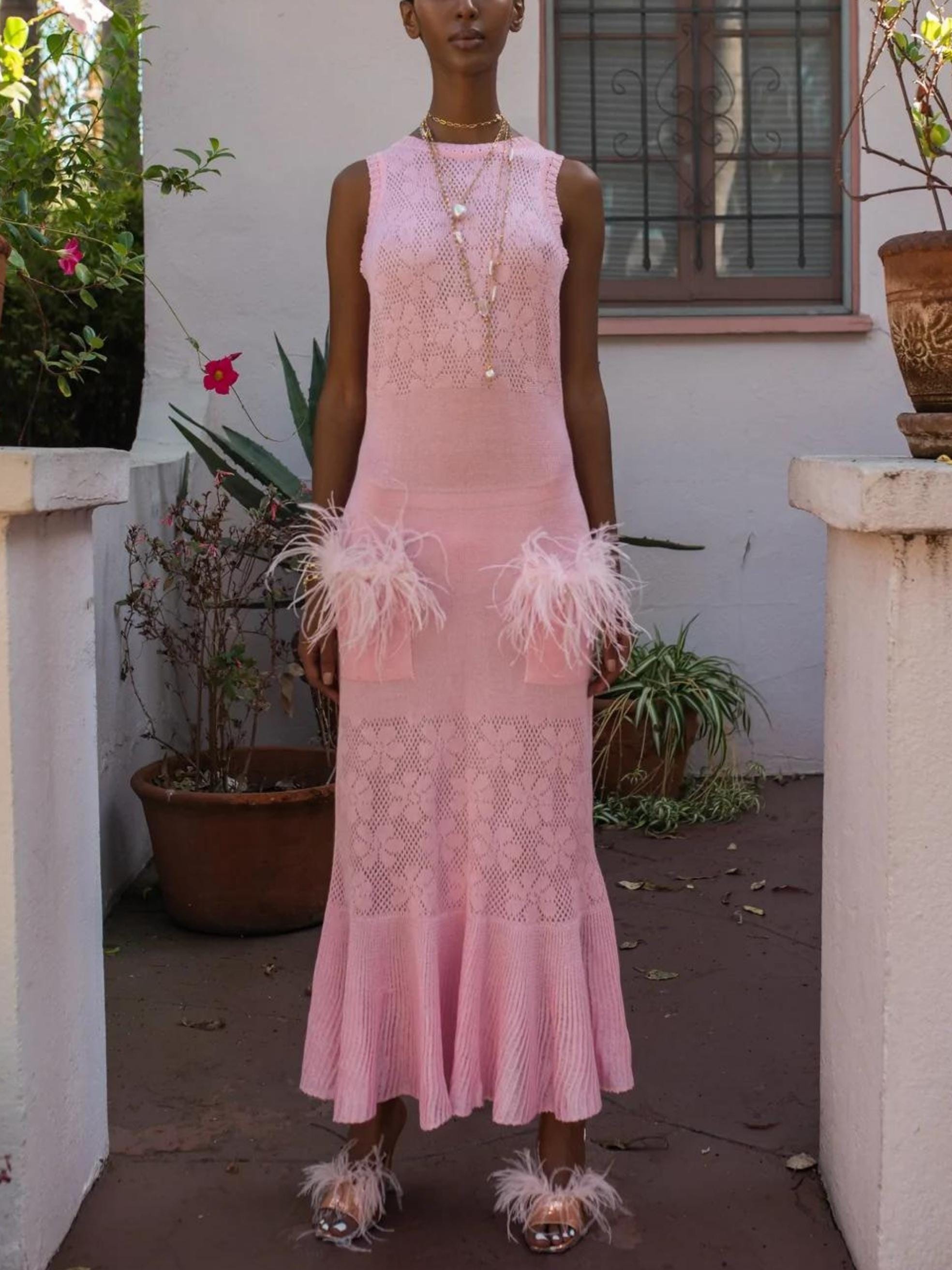 Pink Knit Dress with Feather Details