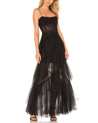 Oly Tiered Ruffle Tulle Evening Gown in Black