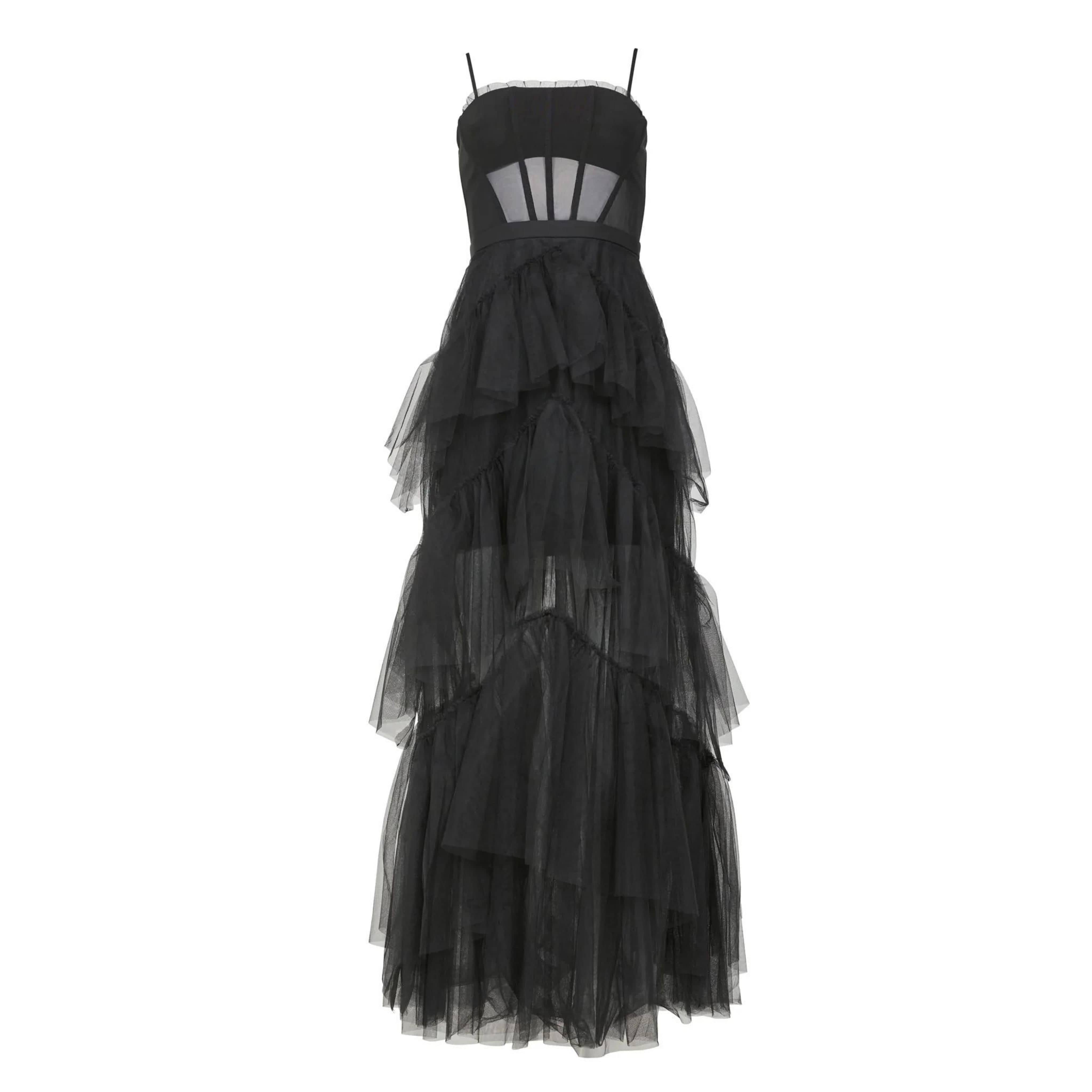 Oly Tiered Ruffle Tulle Evening Gown in Black – Bipty