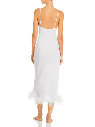Feather Trim Slip Dress in White