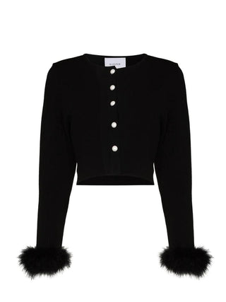 Feather-Cuff Cropped Cardigan in Black
