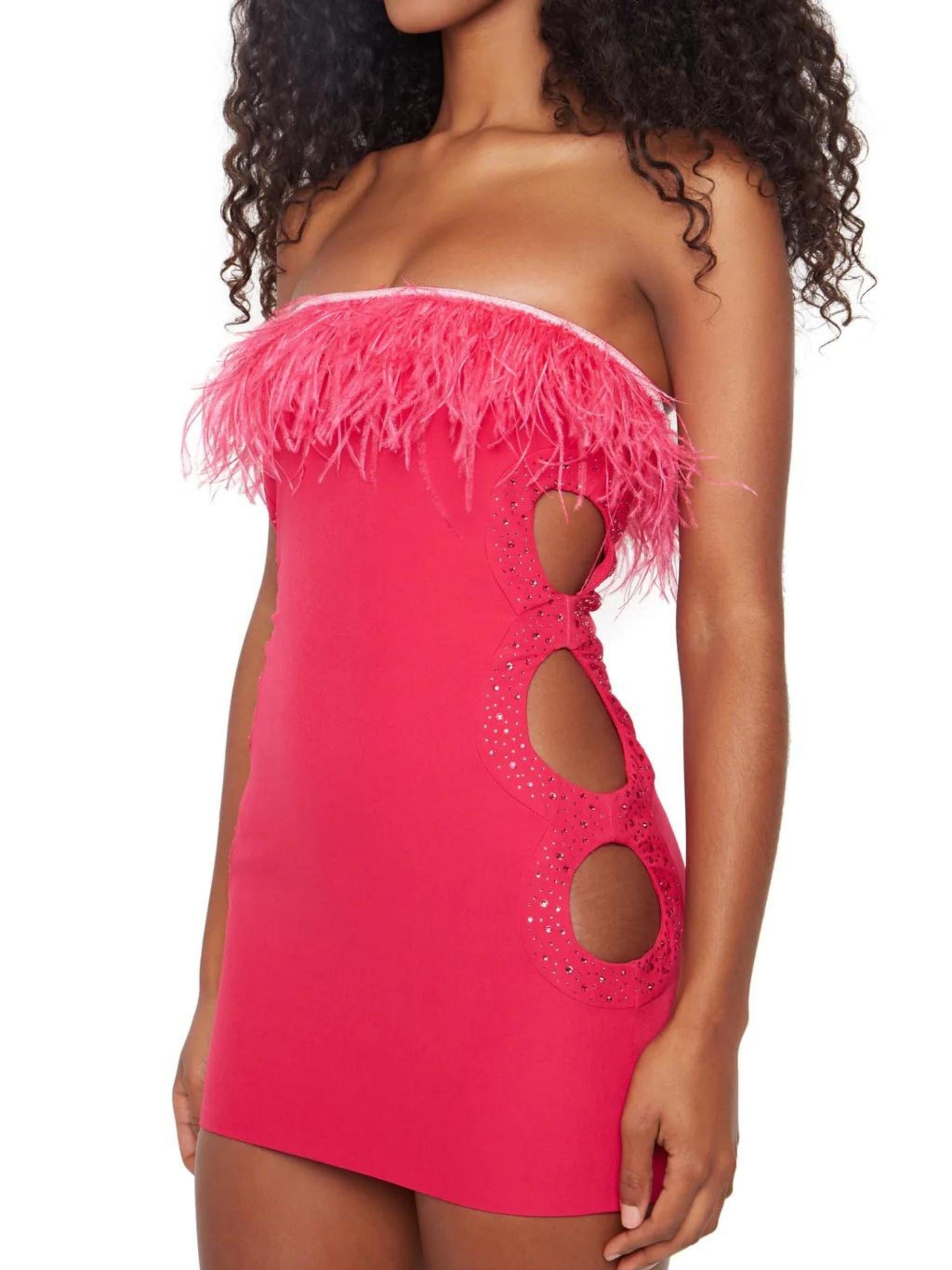 Feather Trim Embellished Cut-out Dress