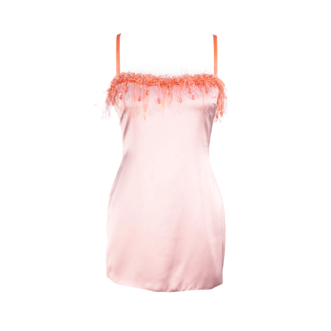 Satin Beaded Mini Dress in Pink