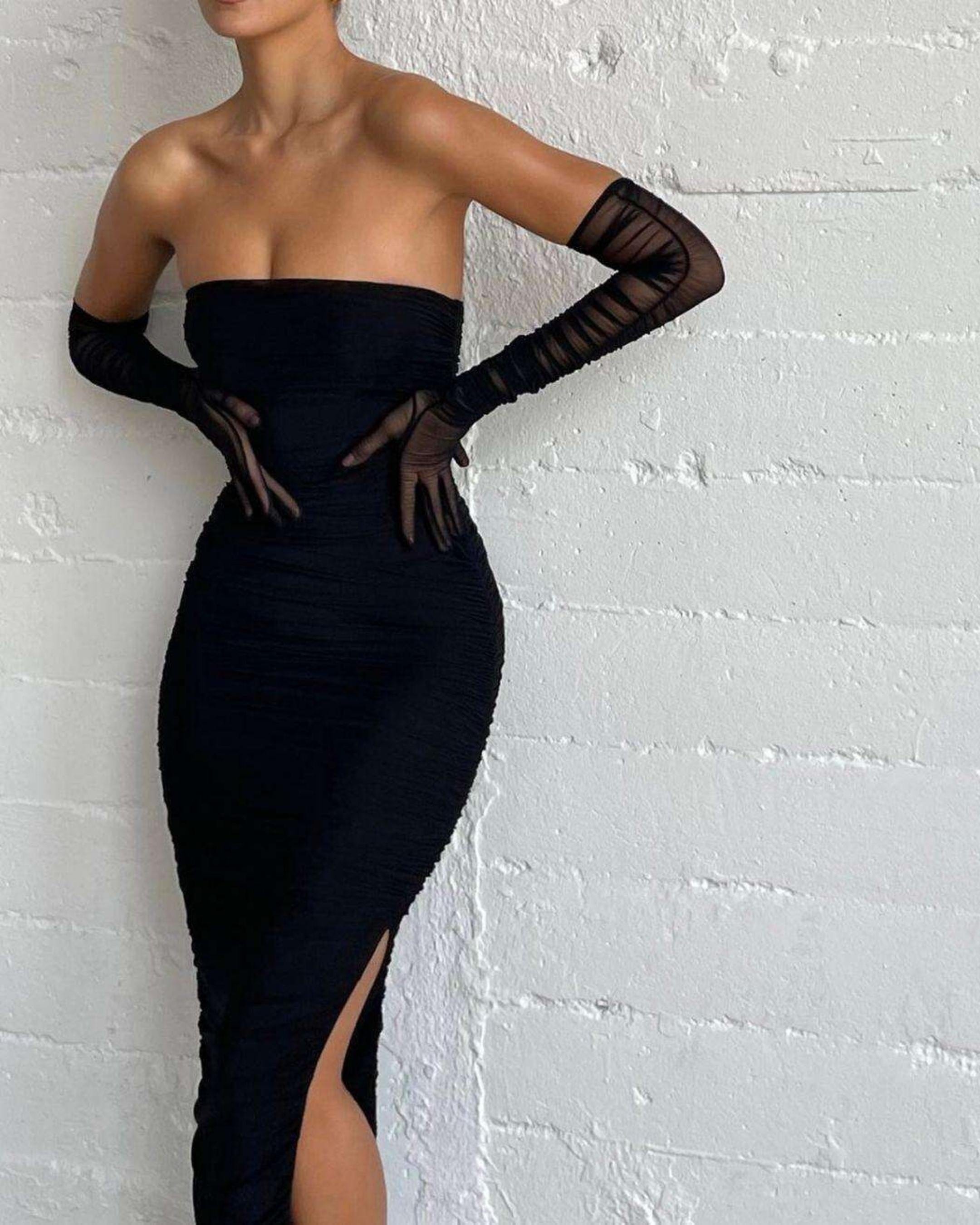 Sofia Black Mesh Strapless Maxi Dress