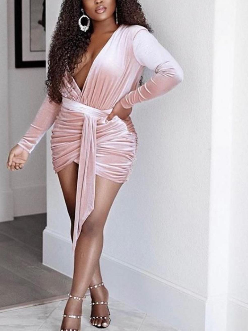 FARRAH PINK VELVET GATHERED DEEP V MINI DRESS