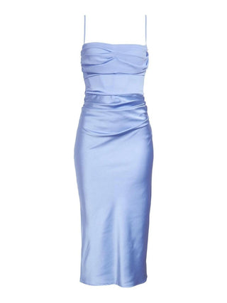 Mixed Media Satin Georgette Midi Dress in Blue