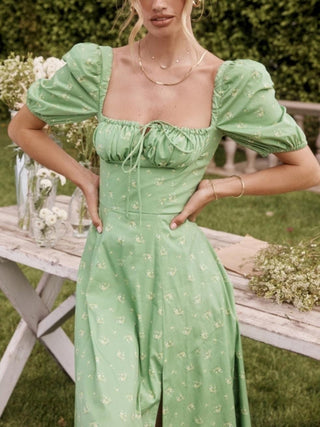 Tallulah Floral Puff Sleeve Midi Dress in Green