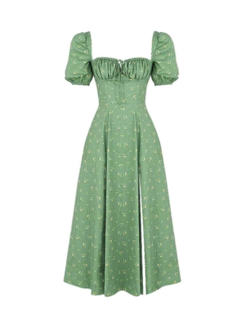 Tallulah Floral Puff Sleeve Midi Dress in Green