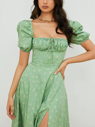Tallulah Floral Puff Sleeve Midi Dress in Green