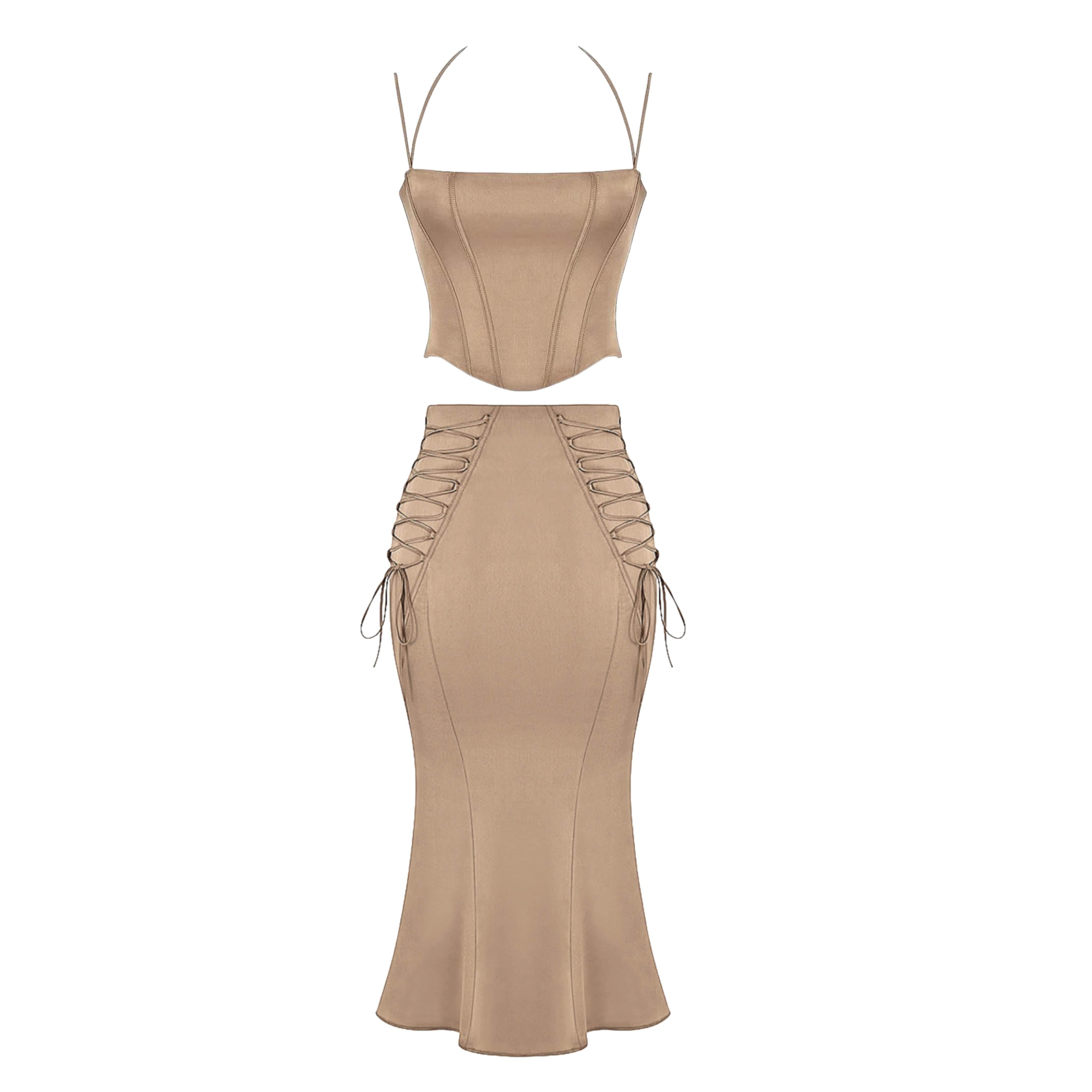 Satin Corset Top & Lace-up Midi Skirt Set