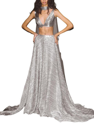 Silver Skirt In Crushed Metallic Lycra With Side Trails, Plunge Neck Crop Top And Choker Dupatta