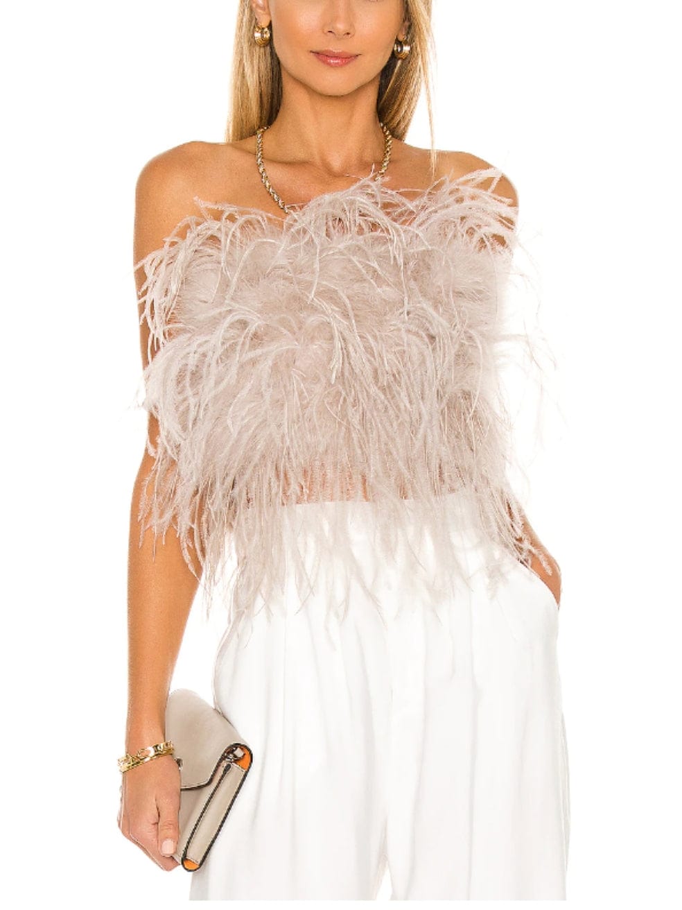 LAMARQUE Zaina Ostrich Feather Bustier Top in Dusty Rose