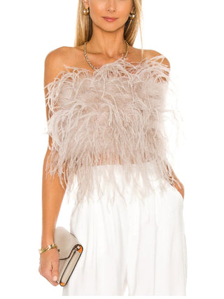 LAMARQUE Zaina Ostrich Feather Bustier Top in Dusty Rose
