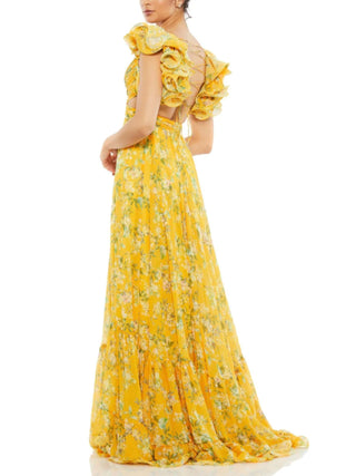 Ruffle Tiered Floral Cut-Out Chiffon Gown in Yellow