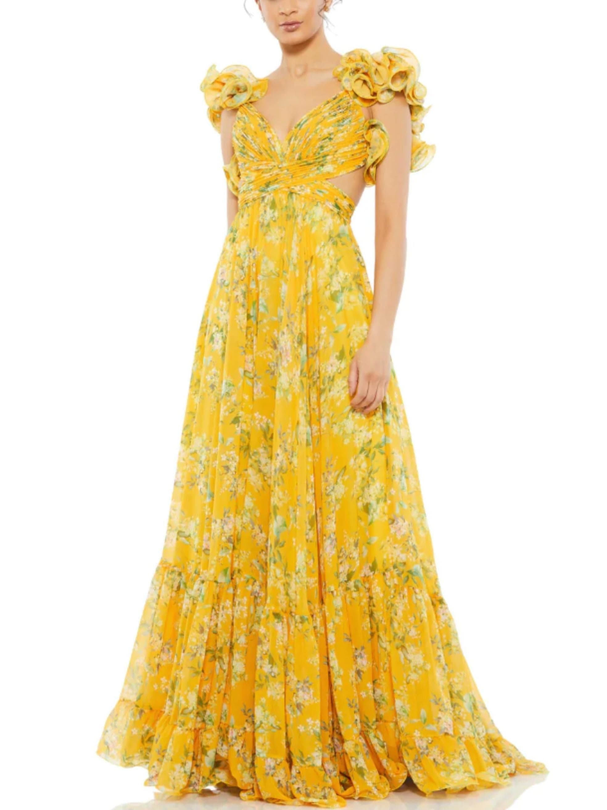 Ruffle Tiered Floral Cut-Out Chiffon Gown in Yellow