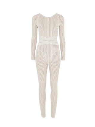 KNITTED TWO TONE JUMPSUIT WITH BELT - BEIGE/TAUPE