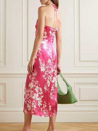 REFORMATION Antoni floral-print silk-satin halterneck midi dress Pink Hawaii