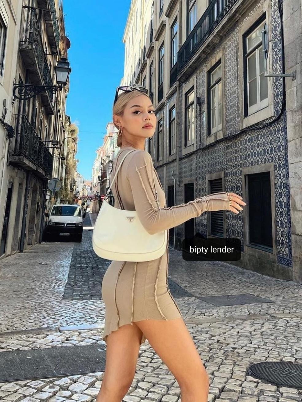 Long-Sleeve Mini Dress in Tan