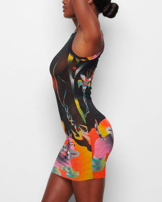 Summer Mesh High Neck Tank Dress in Obsidian Print