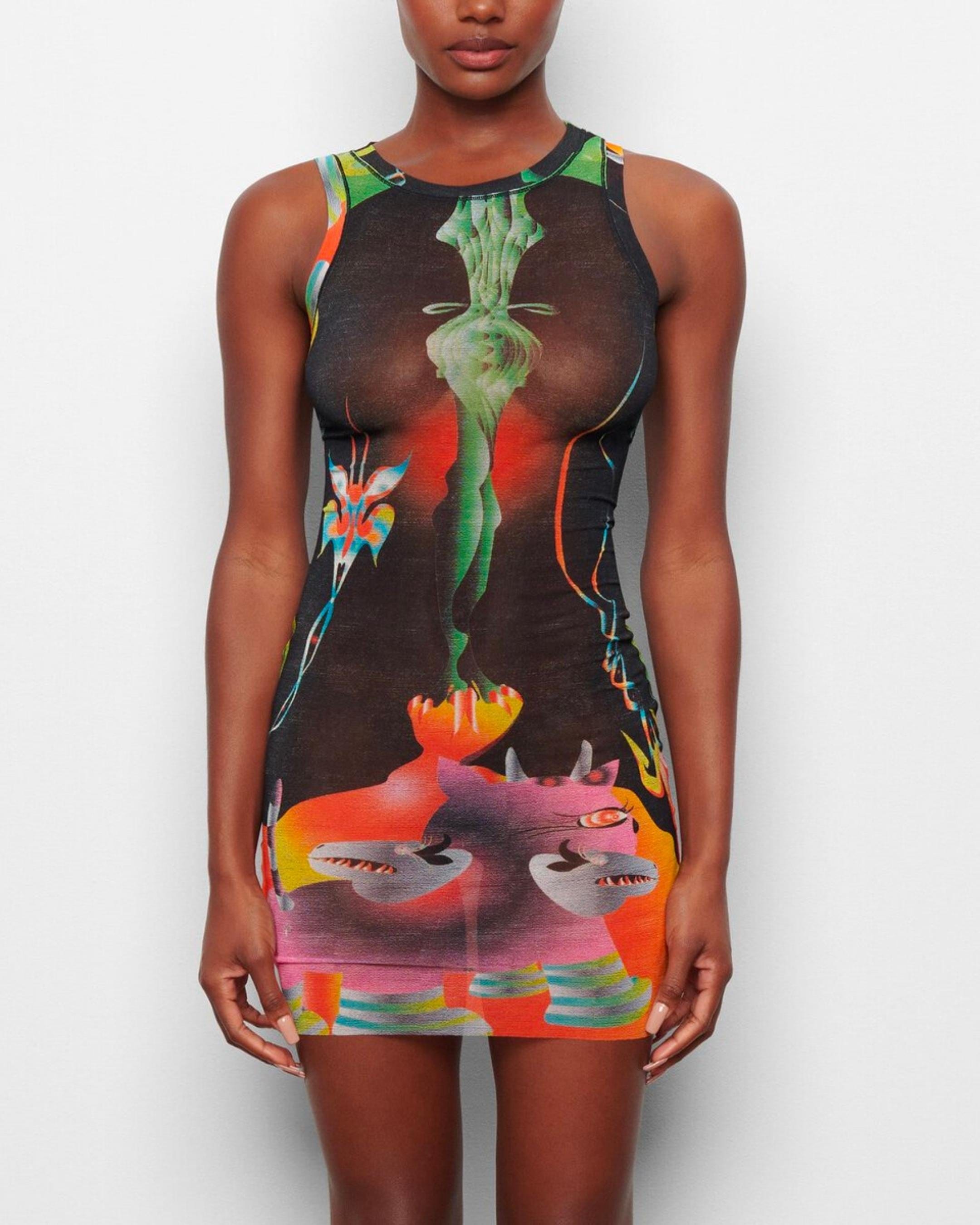 Summer Mesh High Neck Tank Dress in Obsidian Print